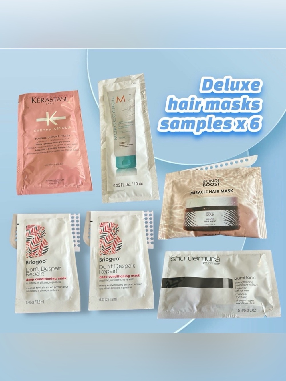 🆕NWOB | 6X Deluxes hair mask samples: kerastase, briogeo, shu uemura, and more
